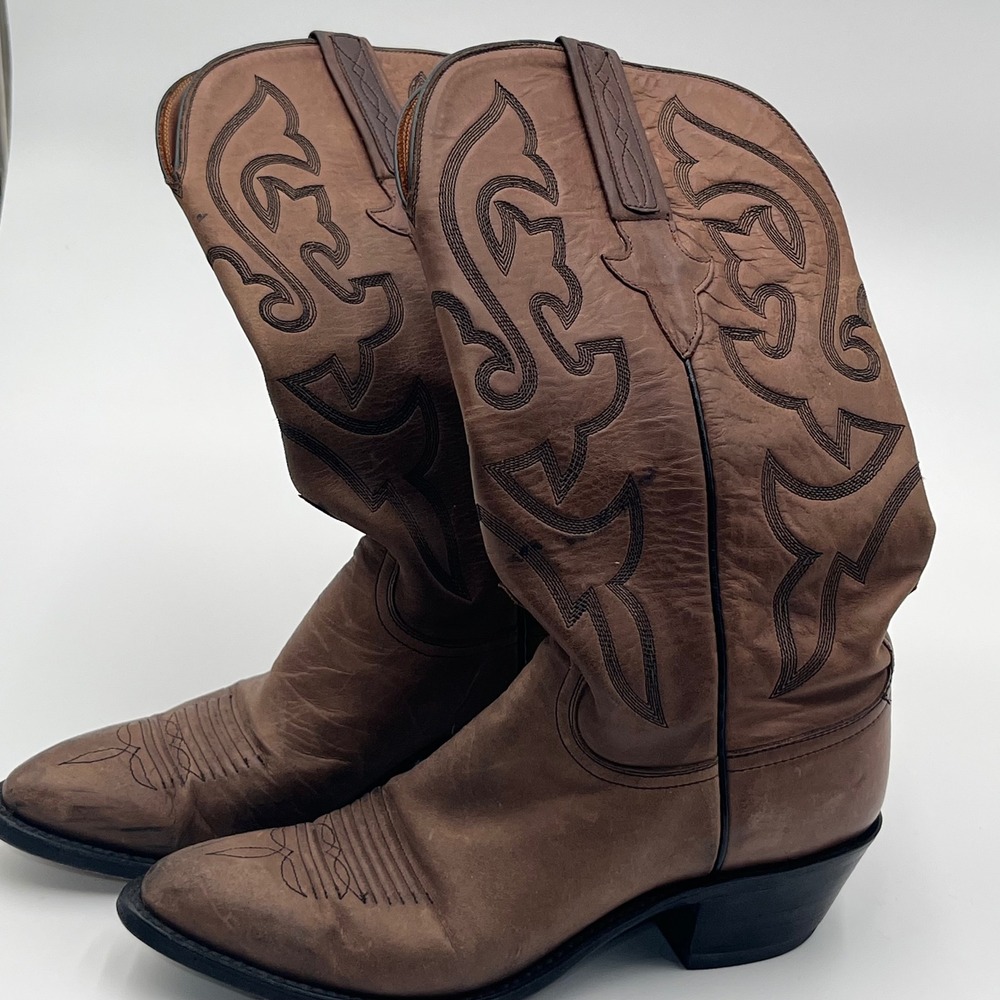 Lucchese Western Cowboy Boots Women 5.5 B Brown Leather Stitched Pointed Toe